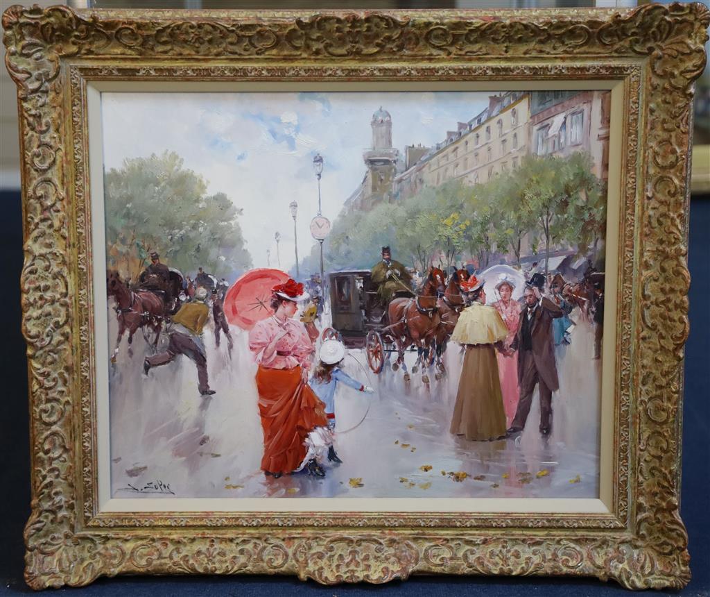 § Juan Soler (1951-) Street scene with mother and child with a hoop 17.5 x 21in.